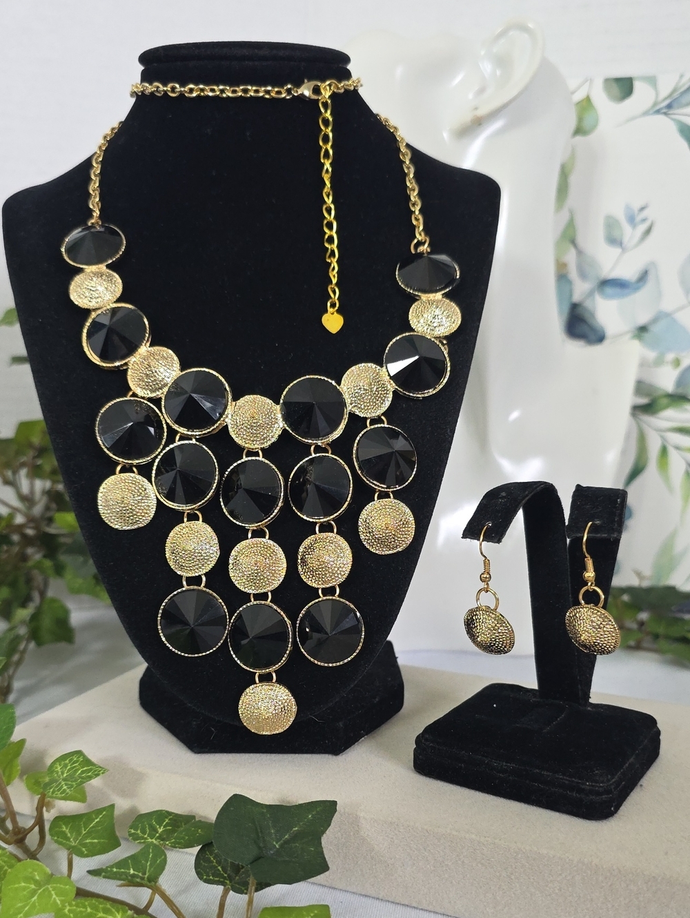 Gold Black Statement Bib Necklace & Dangle Earring Set